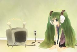 Rule 34 | 1girl, bad id, bad pixiv id, blue eyes, female focus, full body, green hair, hatsune miku, headphones, indoors, long hair, necktie, skirt, sleeveless, solo, tears, television, twintails, usamito, very long hair, vocaloid