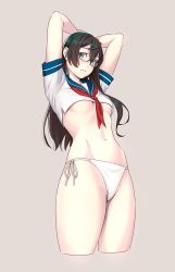 Rule 34 | 1girl, aqua eyes, arms up, bare arms, black hair, blue eyes, blush, breasts, closed mouth, commentary request, crop top, glasses, hairband, highres, hip vent, kantai collection, long hair, looking at viewer, navel, neckerchief, no pants, ooyodo (kancolle), panties, red neckerchief, school uniform, semi-rimless eyewear, serafuku, side-tie panties, simple background, small breasts, solo, stomach, string panties, under-rim eyewear, underboob, underwear, white background, white panties, yuuji (and)