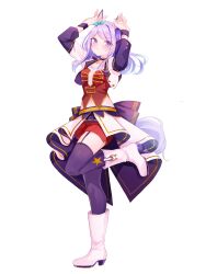 Rule 34 | 1girl, animal ears, blush, boots, bow, ear ribbon, from side, highres, horse ears, horse girl, horse tail, long hair, long sleeves, looking at viewer, mejiro mcqueen (umamusume), midriff, moko (mokochisa), purple eyes, purple hair, purple thighhighs, red shorts, shorts, simple background, solo, standing, standing on one leg, starting future (umamusume), swept bangs, tail, thigh strap, thighhighs, umamusume, umapyoi densetsu, white background, white footwear
