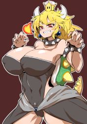 Rule 34 | 1girl, armlet, bare shoulders, blonde hair, bowsette, bracelet, breasts, brown background, cleavage, clenched teeth, collar, covered navel, crown, earrings, eyebrows, fire, highres, horns, huge breasts, jewelry, leotard, mario (series), new super mario bros. u deluxe, nintendo, pandain, pointy ears, red eyes, short hair, simple background, smile, solo, spiked armlet, spiked bracelet, spiked collar, spikes, super crown, tail, teeth, v-shaped eyebrows
