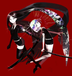 Rule 34 | 2others, androgynous, black eyes, black hair, bort, colored eyelashes, colored skin, crystal hair, diamond (houseki no kuni), elbow gloves, full body, gem uniform (houseki no kuni), gloves, glowing, glowing hair, highres, houseki no kuni, long hair, looking at viewer, multicolored eyes, multicolored hair, multiple others, necktie, rainbow eyes, rainbow hair, red background, short hair, sword, thighhighs, very long hair, weapon, white skin