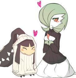Rule 34 | blush, cleavage cutout, clothing cutout, creatures (company), closed eyes, game freak, gardevoir, gen 3 pokemon, green hair, hair over one eye, heart, mawile, meme attire, nintendo, no humans, open-chest sweater, pokemon, pokemon (creature), red eyes, short hair, sweater, wavy mouth