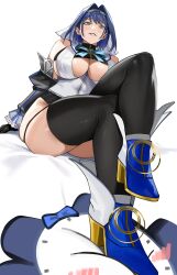 Rule 34 | 1girl, alarm clock, ankle boots, black garter straps, black thighhighs, blue eyes, blue footwear, blue hair, boots, breasts, chain, chain headband, cleavage, cleavage cutout, clock, clothing cutout, commentary, crossed legs, detached sleeves, english commentary, garter straps, hair intakes, high heel boots, high heels, highres, hololive, hololive english, kronie (ouro kronii), large breasts, looking down, mugi (mugit49), ouro kronii, ouro kronii (1st costume), shirt, short hair, sitting, sleeveless, sleeveless shirt, smile, solo, stepped on, thighhighs, thighs, underboob, virtual youtuber, white background, white shirt