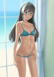 Rule 34 | 1girl, aqua eyes, bare arms, bare shoulders, bikini, black-framed eyewear, black hair, blue bikini, collarbone, curtains, flat chest, glasses, green hairband, hairband, hand on own thigh, highres, indoors, kantai collection, long hair, looking at viewer, mikan 29344886, navel, ooyodo (kancolle), open mouth, semi-rimless eyewear, solo, standing, stomach, swimsuit, under-rim eyewear, window