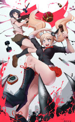 Rule 34 | 2girls, :d, arm up, artist name, assault rifle, bare legs, bear hair ornament, black footwear, black hair, black jacket, black shorts, black socks, blonde hair, blood, blouse, blue eyes, boots, bow, breasts, brown footwear, brown skirt, cross-laced footwear, crown, danganronpa: trigger happy havoc, danganronpa (series), dumbbell, enoshima junko, freckles, gun, hair ornament, hammer, hand tattoo, high heel boots, high heels, highres, holding, holding gun, holding hammer, holding weapon, ikusaba mukuro, jacket, kitchen knife, kneehighs, lace-up boots, leg up, loafers, long hair, looking down, medicine bottle, medium breasts, microskirt, miniskirt, monokuma, multiple girls, nail polish, navel, open mouth, parted bangs, plaid, plaid skirt, pleated skirt, qosic, red bow, red nails, rifle, round teeth, sanpaku, shirt, shoes, short hair, short sleeves, shorts, shorts under skirt, siblings, sisters, skirt, smile, socks, spoilers, standing, standing on one leg, tattoo, teeth, thighs, trigger discipline, twins, twintails, v-shaped eyebrows, very long hair, weapon, white background, white shirt