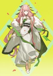 Rule 34 | 1girl, absurdres, arknights, belt, coat, commentary, dress, english commentary, erato (arknights), falling petals, feather hair, full body, fur-trimmed coat, fur trim, green coat, green eyes, high heels, highres, long hair, looking at viewer, multiple belts, petals, pink hair, simple background, sleeveless, sleeveless dress, smile, solo, sumery, very long hair, white dress, white footwear, yellow background