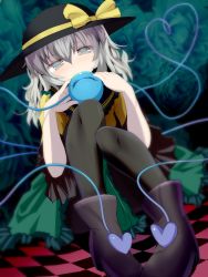 Rule 34 | 1girl, black footwear, black hat, black pantyhose, boots, bow, checkered floor, covered mouth, green eyes, green hair, green skirt, hair between eyes, hat, hat bow, heart, heart of string, highres, ishikkoro, komeiji koishi, looking at viewer, pantyhose, shirt, sitting, skirt, solo, third eye, touhou, wide sleeves, yellow bow, yellow shirt