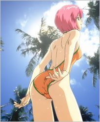 Rule 34 | 1990s (style), 1girl, adjusting clothes, adjusting swimsuit, ass, breasts, casual one-piece swimsuit, cowboy shot, day, from behind, halterneck, lowres, official art, one-piece swimsuit, orange one-piece swimsuit, outdoors, palm tree, photo background, pink hair, profile, retro artstyle, short hair, solo, sweat, swimsuit, tree, yamada masaki, zenkoku seifuku bishoujo grand prix