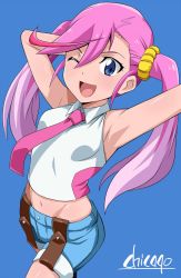 Rule 34 | 1girl, armpits, blue eyes, breasts, chicago-x, digimon, digimon universe: appli monsters, highres, karan eri, looking at viewer, one eye closed, pink hair, shorts, smile, solo, twintails, wink