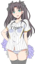 Rule 34 | 1girl, baseball jersey, black hair, black thighhighs, blue eyes, blue panties, bow, collarbone, fate/stay night, fate (series), female focus, hair bow, hair ornament, hair ribbon, hanshin tigers, jersey, long hair, marugoshi teppei, nippon professional baseball, open mouth, otono natsu, panties, parted bangs, pom pom (cheerleading), ribbon, side-tie panties, simple background, sketch, smile, solo, striped clothes, striped panties, thighhighs, tohsaka rin, twintails, two side up, underwear, white background