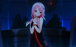 Rule 34 | 10s, 1girl, bag, bare shoulders, black dress, blush, bracelet, choker, dress, guilty crown, hair ornament, hairclip, handbag, hands on own chest, highres, hinasaki you, jewelry, lipstick, long hair, looking at viewer, low twintails, makeup, nail polish, night, pink hair, red eyes, signature, sleeveless, smile, solo, twintails, yuzuriha inori