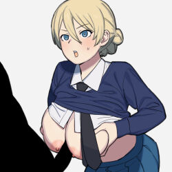 Rule 34 | blonde hair, blue sweater, blush, breasts, breasts out, clothed sex, clothes lift, darjeeling (girls und panzer), girls und panzer, highres, large breasts, onsen tamago (hs egg), paizuri, sweater
