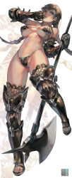 Rule 34 | 1girl, aoin, aqua eyes, armor, axe, bare shoulders, bikini armor, boots, braid, breasts, brown hair, cleavage, gauntlets, gloves, highres, large breasts, long hair, navel, original, parted lips, sandals, solo, thighhighs, toes, twin braids, warrior, weapon