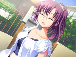 Rule 34 | 1girl, casual, game cg, ginta, glasses, happy, outdoors, purple hair, smile, solo, sugar + spice