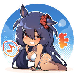 Rule 34 | 1girl, animal ears, arm support, barefoot, bead bracelet, beads, bikini, blue background, bracelet, breasts, chibi, cleavage, commentary, dark-skinned female, dark skin, grin, hair between eyes, hair ornament, hairclip, highres, hishi amazon (umamusume), horse ears, horse girl, horse tail, jewelry, large breasts, light blush, long hair, looking at viewer, musical note, necklace, no nose, purple hair, red eyes, round image, skindentation, smile, solo, spoken musical note, swimsuit, tail, thick thighs, thighs, umamusume, underboob, very long hair, warashi, white bikini