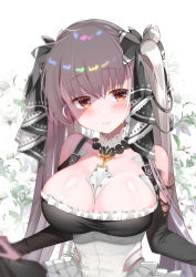 Rule 34 | 1girl, absurdres, azur lane, blush, breasts, brown eyes, cleavage, closed mouth, expressionless, flower, formidable (azur lane), grey hair, highres, large breasts, lily (flower), long hair, looking at viewer, piyopoyo, shadow, solo, twintails, upper body