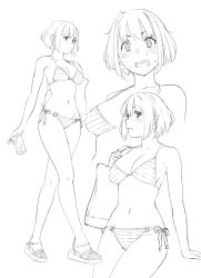 Rule 34 | 1girl, arm support, bikini, blush, breasts, can, cleavage, cowboy shot, d:, full body, holding, holding can, lineart, monochrome, multiple views, navel, o-ring, o-ring bikini, open mouth, original, parted lips, ryuuta (msxtr), sandals, short hair, side-tie bikini bottom, standing, striped bikini, striped clothes, sweat, swimsuit, teeth, upper teeth only, v-shaped eyebrows, walking