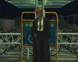 Rule 34 | 1girl, arm behind back, bicycle, black coat, black necktie, black pants, chainsaw man, coat, collared shirt, fence, grass, hand in pocket, long coat, long sleeves, looking at viewer, makima (chainsaw man), medium hair, necktie, night, pants, parking lot, railing, red hair, shirt, sidelocks, sign, solo, standing, user gadg7728, white shirt