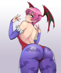Rule 34 | 1girl, animal print, ass, backless leotard, bare shoulders, bat print, blush, cowboy shot, demon girl, detached sleeves, donburi (donburikazoku), from behind, fur-trimmed sleeves, fur trim, hands up, head wings, heart, heart-shaped pupils, highres, huge ass, leaning forward, leotard, lilith aensland, looking at viewer, looking back, nail polish, pantyhose, pink eyes, pink hair, pink nails, print pantyhose, purple pantyhose, red leotard, short hair, simple background, solo, symbol-shaped pupils, thick thighs, thighs, vampire (game), wide hips, wings