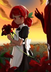Rule 34 | 1girl, absurdres, apron, black dress, blush, bow, cloud, cookie run, dress, flower, hair ornament, hair up, highres, holding, holding flower, leaf hair ornament, maid apron, medium hair, outdoors, pomegranate cookie, red eyes, red hair, short sleeves, sugarkurage, sunset, white bow
