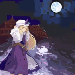 Rule 34 | 1girl, belt, blonde hair, brown belt, closed mouth, commentary request, dress, flat chest, full moon, hat, highres, kaigen 1025, long hair, long sleeves, moon, night, outdoors, sketch, solo, touhou, watatsuki no toyohime, white dress, white hat, yellow eyes