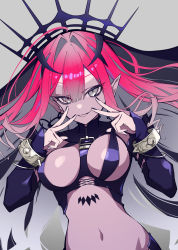 Rule 34 | 1girl, absurdres, bare shoulders, black nails, bracelet, breasts, bridal gauntlets, detached sleeves, earrings, baobhan sith (fate), baobhan sith (second ascension) (fate), fang, fate/grand order, fate (series), grey eyes, highres, jewelry, large breasts, long hair, looking at viewer, nail polish, navel, open mouth, pink hair, pointy ears, revealing clothes, sidelocks, smile, tiara, veil, yuniyuni