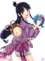 Rule 34 | 2girls, ace attorney, black hair, brown hair, hair ornament, half updo, japanese clothes, jewelry, kimono, long hair, looking at viewer, magatama, mar0maru, maya fey, multiple girls, necklace, open mouth, pearl fey, simple background, smile, white background