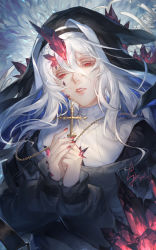 Rule 34 | 1girl, arknights, black dress, breasts, chinese commentary, cross, cross necklace, crystal, dress, eyelashes, habit, hair between eyes, half-closed eyes, highres, holding, jewelry, lips, long hair, material growth, medium breasts, nail polish, necklace, nun, oripathy lesion (arknights), own hands together, parted lips, red eyes, red nails, silver hair, solo, spade-m, specter (arknights), upper body