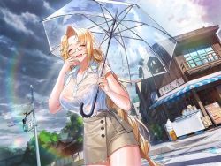 Rule 34 | 1girl, abdooly, action taimanin, blonde hair, bra, braid, breasts, casual, cloud, cloudy sky, emily simmons, game cg, glasses, holding, holding umbrella, large breasts, lilith-soft, long hair, open mouth, rain, road, shiny skin, single braid, skirt, sky, smile, solo, street, taimanin (series), umbrella, underwear, upper body, very long hair, water, wet, wet clothes