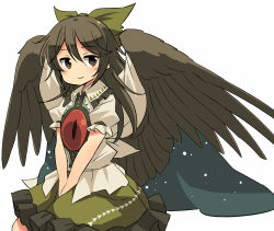 Rule 34 | 1girl, bird wings, black eyes, black hair, black wings, bow, cape, hair bow, puffy short sleeves, puffy sleeves, reiuji utsuho, shirt, short sleeves, simple background, skirt, smile, solo, third eye, touhou, v arms, white background, wings, yudepii