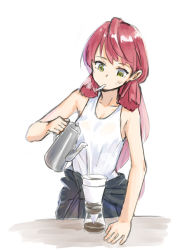 Rule 34 | 1girl, akashi (kancolle), black jumpsuit, cigarette, coffee, coffee filter, coffee maker, coffee pot, cowboy shot, green eyes, hair ribbon, jumpsuit, kangoku kou, kantai collection, kettle, long hair, mouth hold, pink hair, pouring, ribbon, simple background, smoking, solo, tied jumpsuit, tress ribbon, undersuit, white background