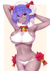 Rule 34 | 1girl, arms behind head, bell, blush, bow, breasts, collar, commentary request, cowboy shot, dark-skinned female, dark skin, fate/grand order, fate/prototype, fate/prototype: fragments of blue and silver, fate (series), fur, fur bikini, hassan of serenity (fate), hassan of serenity (merry sheep) (fate), highres, horns, large breasts, looking at viewer, navel, neck bell, purple eyes, purple hair, sankakusui, sheep horns, solo, thighhighs, two-tone background, underboob, white background, white thighhighs