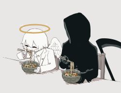 Rule 34 | 1boy, 1other, angel, avogado6, blush stickers, bowl, chair, chopsticks, colored skin, commentary, death (entity), eating, food, grey background, halo, holding, holding chopsticks, hood, hood up, jacket, necktie, noodles, on chair, original, ramen, scythe, shirt, simple background, sitting, smile, sparkle, white jacket, white neckwear, white shirt, white skin, white wings, wings