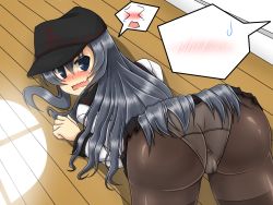 Rule 34 | &gt; &lt;, 10s, 1girl, @ @, akatsuki (kancolle), all fours, artist request, ass, black eyes, black hair, blush, embarrassed, closed eyes, from behind, full-face blush, hat, highres, huge ass, kantai collection, long hair, looking at viewer, looking back, open mouth, panties, panties under pantyhose, pantyhose, school uniform, solo, sweatdrop, tears, thought bubble, underwear, very long hair, wavy mouth