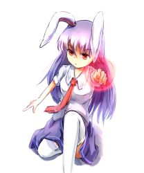 Rule 34 | 1girl, animal ears, bad id, bad pixiv id, glowing, glowing hand, kotou (ko-tou), long hair, necktie, pointing, pointing at viewer, purple hair, rabbit ears, red eyes, red necktie, reisen udongein inaba, shirt, short sleeves, skirt, solo, thighhighs, touhou, very long hair, white thighhighs, zettai ryouiki