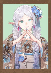 Rule 34 | 1girl, alternate costume, alternate hairstyle, aqua nails, blue bow, blue flower, border, bow, braid, brown border, brown kimono, crowdance, earrings, elf, eyelashes, floral print, flower, frieren, green background, green eyes, grey hair, hair bow, hair flower, hair ornament, hair over shoulder, hair ribbon, hakama, hands up, head tilt, highres, japanese clothes, jewelry, kimono, long hair, long sleeves, looking at viewer, nail polish, obi, parted bangs, pointy ears, print kimono, ribbon, ring, sash, simple background, smile, solo, sousou no frieren, steepled fingers, striped bow, twin braids, twintails, upper body, white flower
