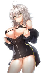 Rule 34 | 1girl, ahoge, bare shoulders, bikini, bikini under clothes, black dress, black jacket, blush, breasts, coat, commentary, covered erect nipples, cowboy shot, dress, fate/grand order, fate (series), from below, full-length zipper, fur-trimmed coat, fur-trimmed jacket, fur-trimmed sleeves, fur trim, hair between eyes, highres, jacket, jeanne d&#039;arc (fate), jeanne d&#039;arc alter (fate), jeanne d&#039;arc alter (ver. shinjuku 1999) (fate), large breasts, lhu (barappra1), looking at viewer, micro bikini, official alternate costume, short dress, short hair, sideboob, silver hair, solo, swimsuit, symbol-only commentary, thighs, tsurime, underboob, unzipped, wicked dragon witch ver. shinjuku 1999, yellow eyes, zipper