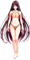 Rule 34 | 1girl, amasaka takashi, bare shoulders, barefoot, bikini, breasts, brown hair, cleavage, criss-cross halter, flower, full body, hair flower, hair ornament, halterneck, highres, katanajou minamo, large breasts, long hair, looking at viewer, navel, official art, open mouth, shiny skin, skindentation, smile, solo, standing, swimsuit, thigh gap, transparent background, unionism quartet, very long hair