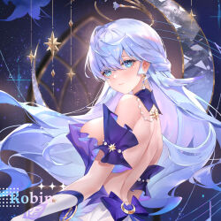 Rule 34 | 1girl, backless dress, backless outfit, bare back, bare shoulders, blue eyes, blue hair, breasts, character name, commentary request, dress, earrings, honkai: star rail, honkai (series), jewelry, large breasts, long hair, melailai, robin (honkai: star rail), solo, strapless, strapless dress, upper body, very long hair