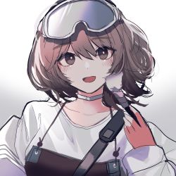 Rule 34 | 1girl, apron, arknights, blush, brown eyes, brown hair, choker, collar, collarbone, commentary request, eyes visible through hair, goggles, goggles on head, hair between eyes, head tilt, holding, holding brush, jacket, long sleeves, looking at viewer, makeup brush, open mouth, oversized clothes, roberta (arknights), shinonome nemu (nemulog sn), shirt, short hair, simple background, smile, solo, white background, white collar, white jacket, white shirt
