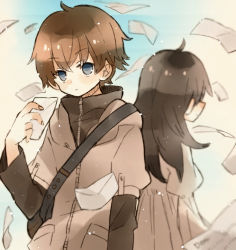 Rule 34 | 1boy, 1girl, blue sky, blush, brown coat, brown dress, brown hair, character request, coat, day, dress, envelope, hand up, letter, long sleeves, looking at viewer, mashiro hiro, outdoors, short hair, sky, upper body, wind