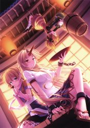 Rule 34 | 4girls, absurdres, ankle cuffs, arm warmers, blonde hair, bow, breasts, bucket, chain, cuffs, cup, female focus, green eyes, green hair, hair bow, highres, horns, hoshiguma yuugi, impossible clothes, impossible shirt, in bucket, in container, kisume, kurodani yamame, large breasts, long hair, mizuhashi parsee, multiple girls, pointy ears, red eyes, sakazuki, sayori (neko works), scarf, shirt, short hair, single horn, skirt, smile, touhou, twintails