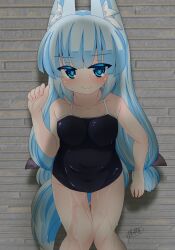 Rule 34 | 1girl, animal ear fluff, animal ears, bare arms, bare shoulders, black one-piece swimsuit, blue eyes, blue hair, blush, breasts, closed mouth, collarbone, commentary request, covered navel, fox ears, fox girl, fox tail, groin, hand up, highres, kanijiru, knees together feet apart, long hair, looking at viewer, medium breasts, one-piece swimsuit, original, signature, smile, solo, swimsuit, tail, thigh gap, very long hair, wet