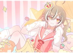 Rule 34 | 1girl, ahoge, alternate costume, asymmetrical legwear, bell, brown eyes, brown hair, crown, curtains, eyeball, food, friend (nanashi mumei), fruit, grin, hair ornament, hair over one eye, hair ribbon, hairclip, heart, highres, hololive, hololive english, huge ahoge, looking at viewer, macaron, multicolored hair, nanashi mumei, official alternate hairstyle, orange leg warmers, pink background, pink ribbon, pink sailor collar, pink shirt, puffy short sleeves, puffy sleeves, ribbon, runes, sailor collar, shirt, short shorts, short sleeves, shorts, smile, star (symbol), strawberry, streaked hair, striped background, stuffed toy, twintails, virtual youtuber, white arm warmers, white leg warmers, xx tk9, yellow ribbon, yellow shorts