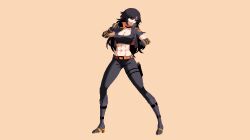 Rule 34 | abs, belt, belt buckle, black hair, black sports bra, boot straps, boots, breasts, brown eyes, buckle, buskhusker, cleavage, collarbone, commission, cropped jacket, fighting stance, gauntlets, grey jacket, high collar, high heel boots, high heels, highres, holster, jacket, large breasts, long hair, long legs, messy hair, muscular, muscular female, original, pale skin, parody, pixel art, sera (judgemint), shadow, simple background, sports bra, strap, style parody, thigh holster, under night in-birth