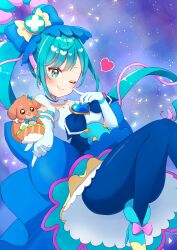 Rule 34 | 1girl, absurdres, ankle boots, back bow, blue bow, blue dress, blue footwear, blue hair, blue pantyhose, boots, bow, brooch, collar, commentary, cure spicy, delicious party precure, detached collar, dress, elbow gloves, finger to cheek, floating, fuwa kokone, gloves, green eyes, hair bow, heart, heart brooch, high heel boots, high heels, highres, hiiragi syuu, huge bow, jewelry, light particles, long hair, looking at viewer, magical girl, multicolored hair, one eye closed, pam-pam (precure), pantyhose, pink hair, precure, short dress, short sleeves, side ponytail, solo, streaked hair, very long hair, white collar, white gloves