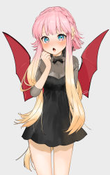 Rule 34 | 1girl, :o, absurdres, arm behind back, bat wings, black dress, black neckwear, blue eyes, blunt bangs, blush, braid, breasts, cleavage, collarbone, commentary request, cowboy shot, dress, fang, french braid, gotou (nekocat), gradient hair, grey background, hand to own mouth, hand up, heart, heart-shaped pupils, highres, long hair, long sleeves, looking at viewer, medium breasts, multicolored hair, nose blush, open mouth, original, pink hair, pointy ears, ponytail, ribbon, sidelocks, simple background, solo, standing, symbol-shaped pupils, tearing up, very long hair, wings