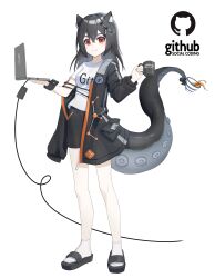 Rule 34 | 1girl, absurdres, animal ears, bare legs, black hair, black jacket, black shorts, cable, cat ears, cat girl, commentary, computer, copyright name, cup, english text, full body, git, github, hair between eyes, hair ornament, highres, holding, holding cup, holding laptop, jacket, laptop, logo, long hair, looking at viewer, monster girl, octocat, open clothes, open jacket, personification, phonetik, red eyes, sandals, scylla, shirt, shorts, simple background, socks, solo, spilling, t-shirt, tentacles, white background, white shirt