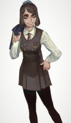 Rule 34 | 1girl, absurdres, black legwear, blouse, blue eyes, brown dress, brown hair, buttons, collared shirt, double-breasted, dress, grin, highres, long sleeves, looking at viewer, medium hair, mossacannibalis, necktie, original, pantyhose, red necktie, school uniform, shirt, simple background, smile, solo, standing, white background, white shirt, wing collar