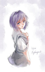 Rule 34 | 1girl, arm at side, blush, bob cut, character name, clannad, clenched hand, closed mouth, commentary, cowboy shot, eyelashes, eyes visible through hair, fujibayashi kyou, hair between eyes, hair intakes, hair ribbon, hand up, hikarizaka private high school uniform, lips, longmei er de tuzi, looking at viewer, medium hair, nose, official alternate hairstyle, purple eyes, purple hair, red ribbon, ribbon, sailor collar, school uniform, shirt, short sleeves, simple background, smile, solo, spoilers, standing, uniform, white background, white ribbon, white sailor collar, white shirt